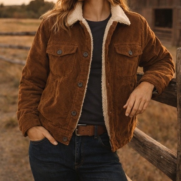 Mutual Weave Jackets & Blazers - Mutual Weave Sherpa Lined Corduroy Trucker Jacket Brown Western Workwear S
